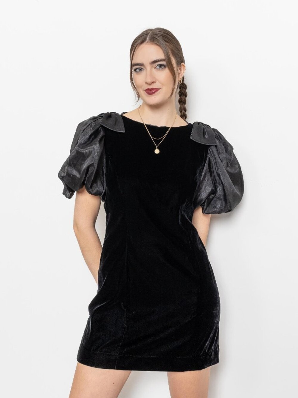 VELVET HOLIDAY DRESS Cocktail Mini Black Velour Vintage Puff Sleeves Rhinestones